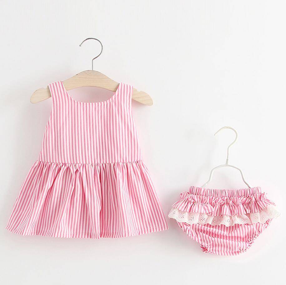 Baby Girls Newborn Dress Clothes New Cute Bowknot Striated Sleeveless Girl Dress + PP Pants infant 2pcs Clothing Sets Kids