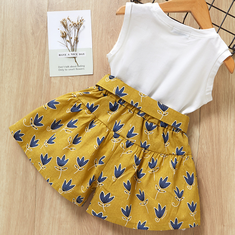 2Pcs Summer Clothes Bow Girls Clothing Sets Cartoon Print T-shirt+Short for Kids Clothes 3-7Y Sleeveless