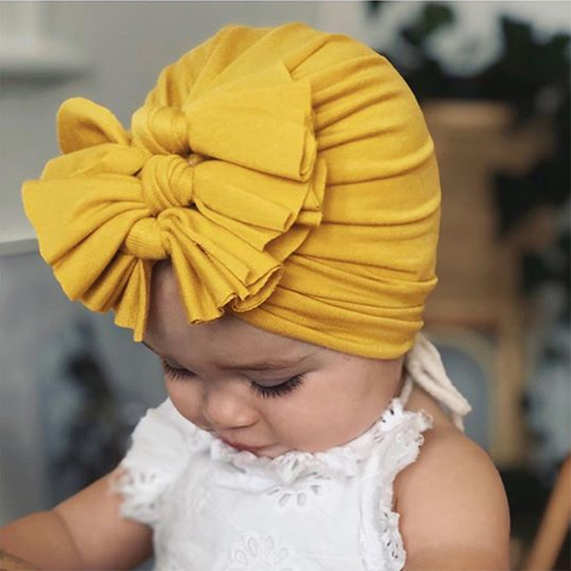Children's hat hooded hat spring and summer new soft knitted fabric fold bow Indian hat baby hat