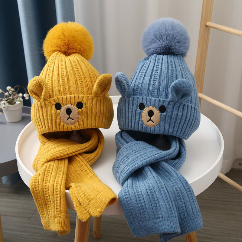 Children's hat scarf set boys and girls baby wool hat plus velvet warm toddler pullover knitted hat Korean version cute