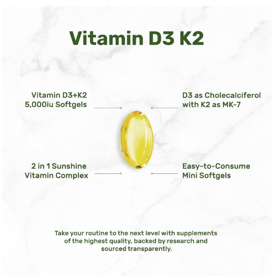 D3+K2 Vitamin 2-in-1 Virgin Coconut Oil Complex Supplement Softgels (250-Count)