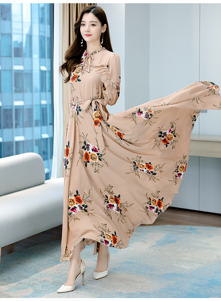 Women's Autumn New Elegant Long Swing Printed Fairy Long Sleeve Dress Retro Large
