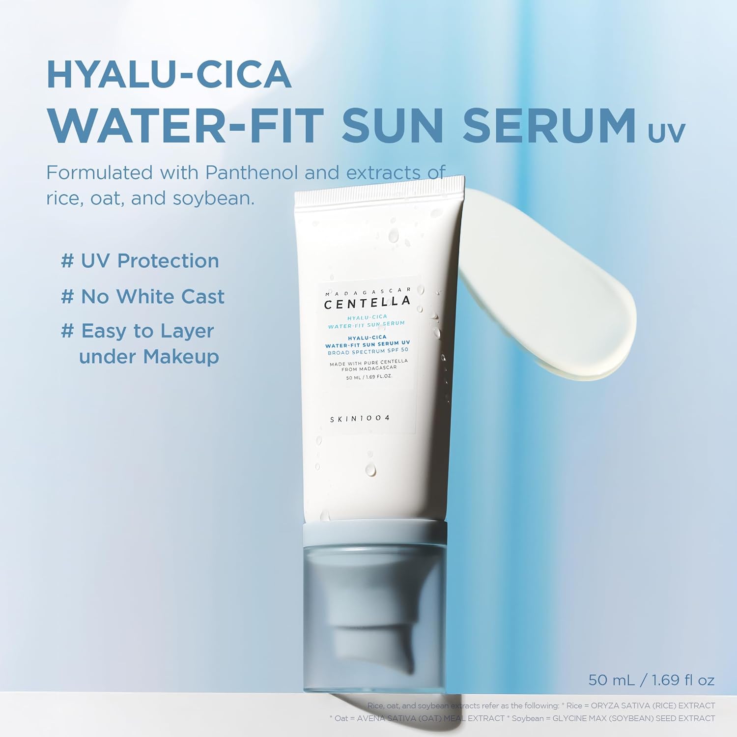SKIN1004 Centella Hyalu-Cica Water-Fit Sun Serum UV, Korean Sunscreen SPF 50, Centella Sunscreen, Travel Essentials, Sunscreen with Hyaluronic Acid, N