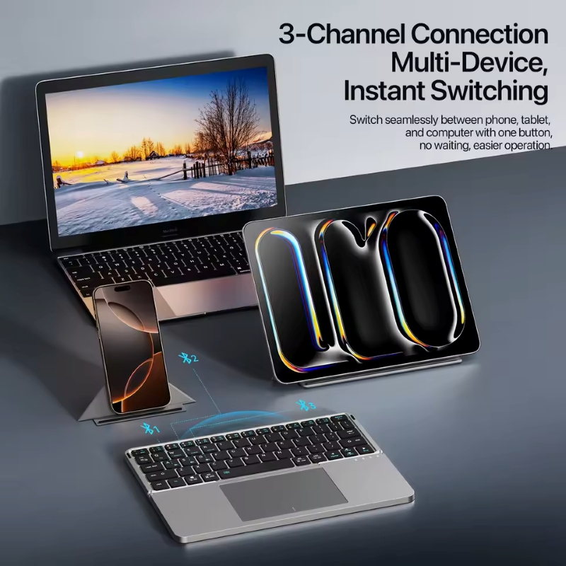 New Multifunctional Model Foldable Bluetooth 5.0 Keyboard with Touchpad & Phone Holder For Phones Tablets PC