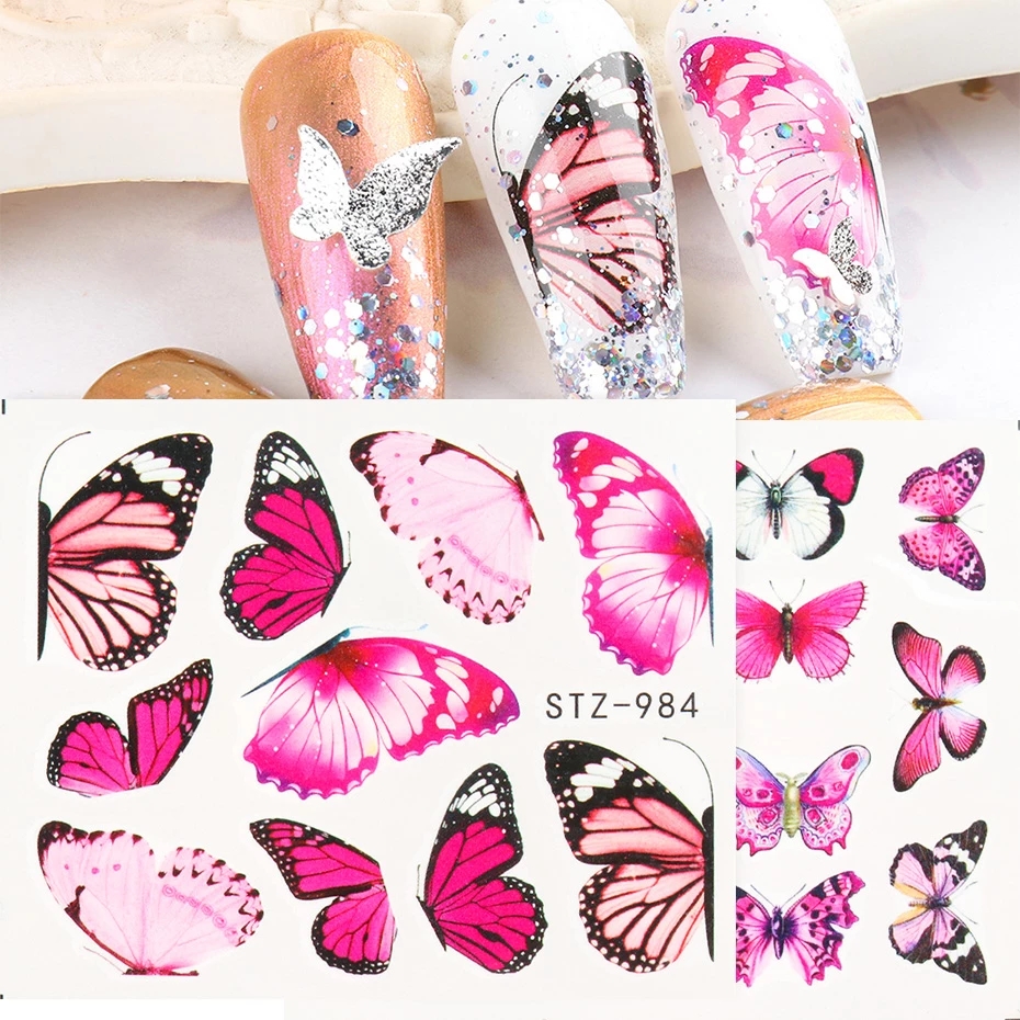 3pcs/Set Nail Butterfly Stickers Watercolor Decals Blue Flowers Sliders Wraps Manicure Summer Nail Art Decorations TRSTZ984-1017