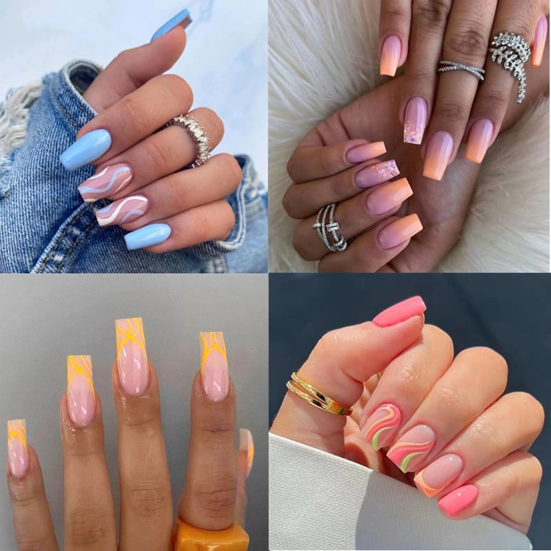 24pcs Pink Yellow Wavy lines Detachable Long Ballerina False Nails With Design Wearable Fake Nails Full Cover Nail Tips