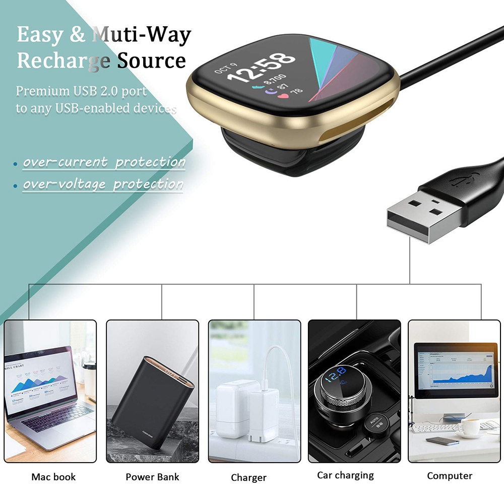 1PCS For Fitbit Versa 3 / 4 Smart Watch USB Charging Cable Adapter For Fitbit Sense Charger Dock Replacement Accessories Black