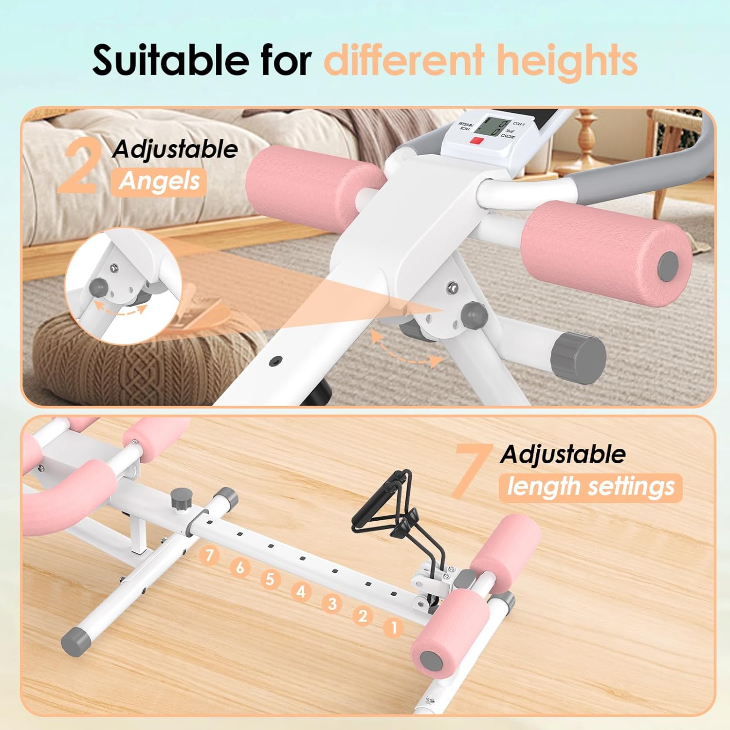 Foldable Ab Machine, 5-in-1 Adjustable Ab Trainer for Home Gym, Full-Body Core Workout Equipment with 10 Length Levels, LED Display & Silent Rollers,
