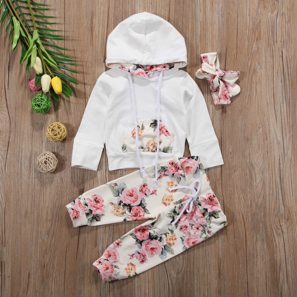 Brand New Infant Toddler Newborn Baby Girls Floral Outfit Clothes Tracksuit Hooded Tops+Leggings Pants Headband 3Pcs Set