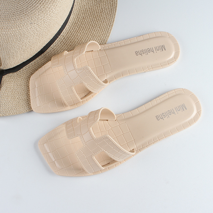 Summer New Fashion One line Drag Square Headed Plaid Flat Shoes Casual Beach Shoes Women's Crystal Slippers Jelly Shoes
