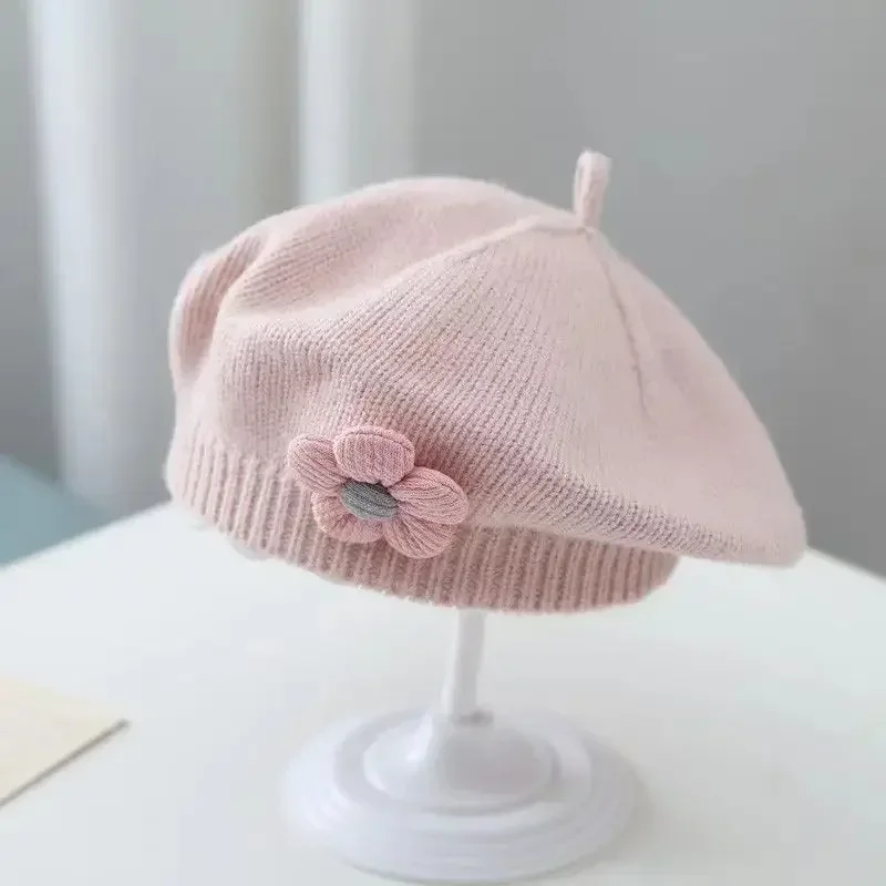 Baby Beret Hat Winter Warm Knitted Beanie Cap for Infant Girls Korean Toddler Princess Artist Solid Color Painter Caps