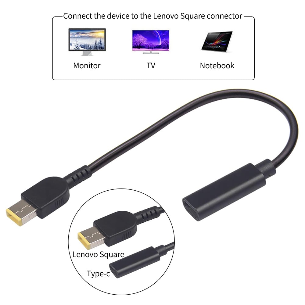 Type-C Female to Square 20V DC Male PD Power Charger Connector Cable 16cm 3A 65W for Lenovo Thinkpad USB 3.1 Adapter Black