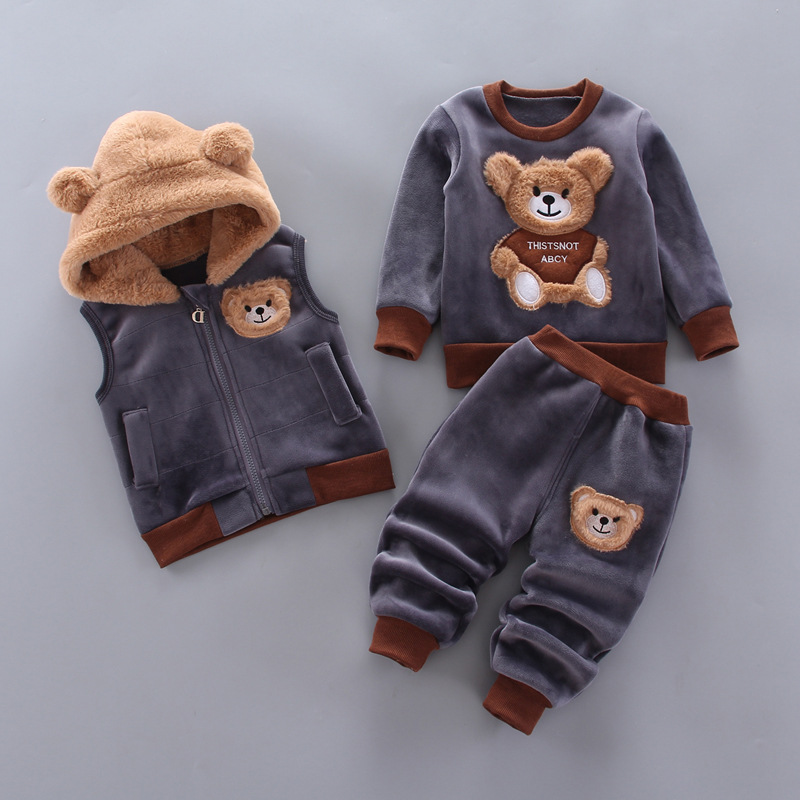 Baby boy clothes autumn and winter pure cotton thick warm casual hooded sweater cartoon cute bear three-piece baby girl suit
