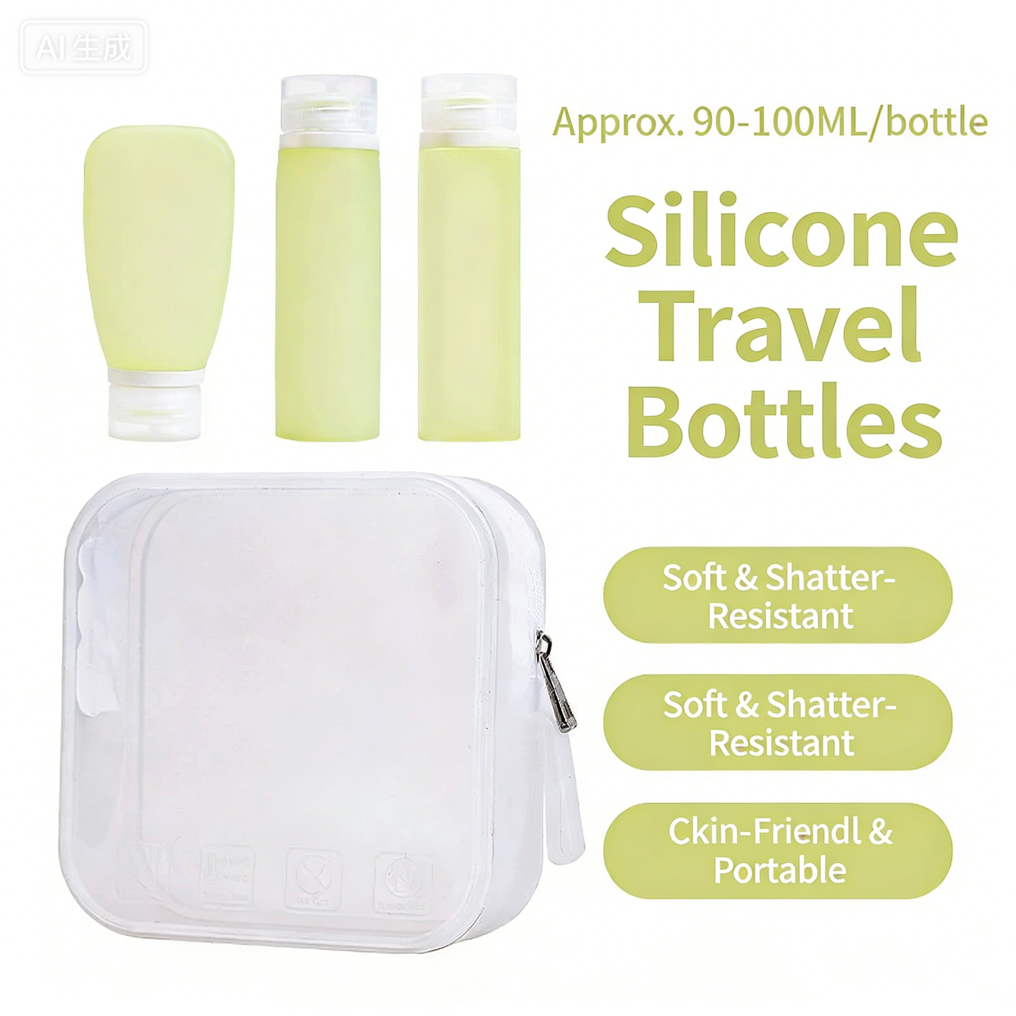Silicone Refillable Travel Bottles Set with Lids, Reusable Leak-Proof Squeeze Containers for Toiletries