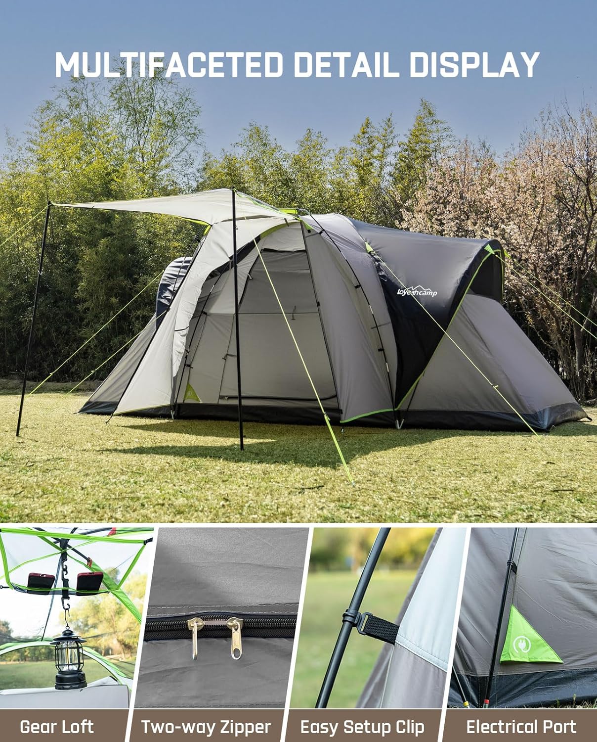LOYEAHCAMP 8 Person Larger Extended Dome Camping Tent with 3 Rooms, Waterproof Semi-Freestanding Family Outdoor Tent with Spacious Interior and Mesh W