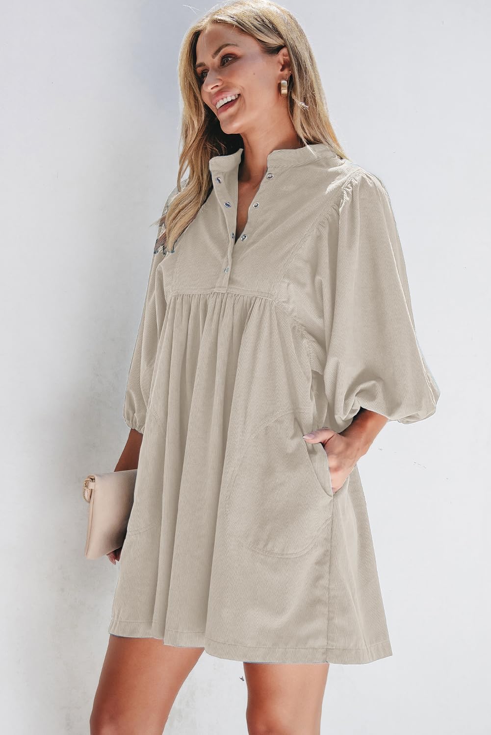 Opemiby Womens Casual Dresses Corduroy Button Up Empire Waist 3/4 Sleeve Fall Winter Mini Babydoll Dress