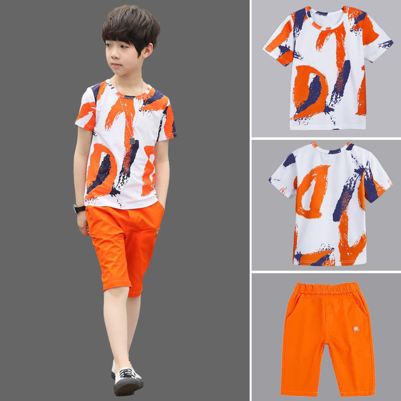 Boys suit summer cotton children's sports short-sleeved shorts two-piece suit big boy summer