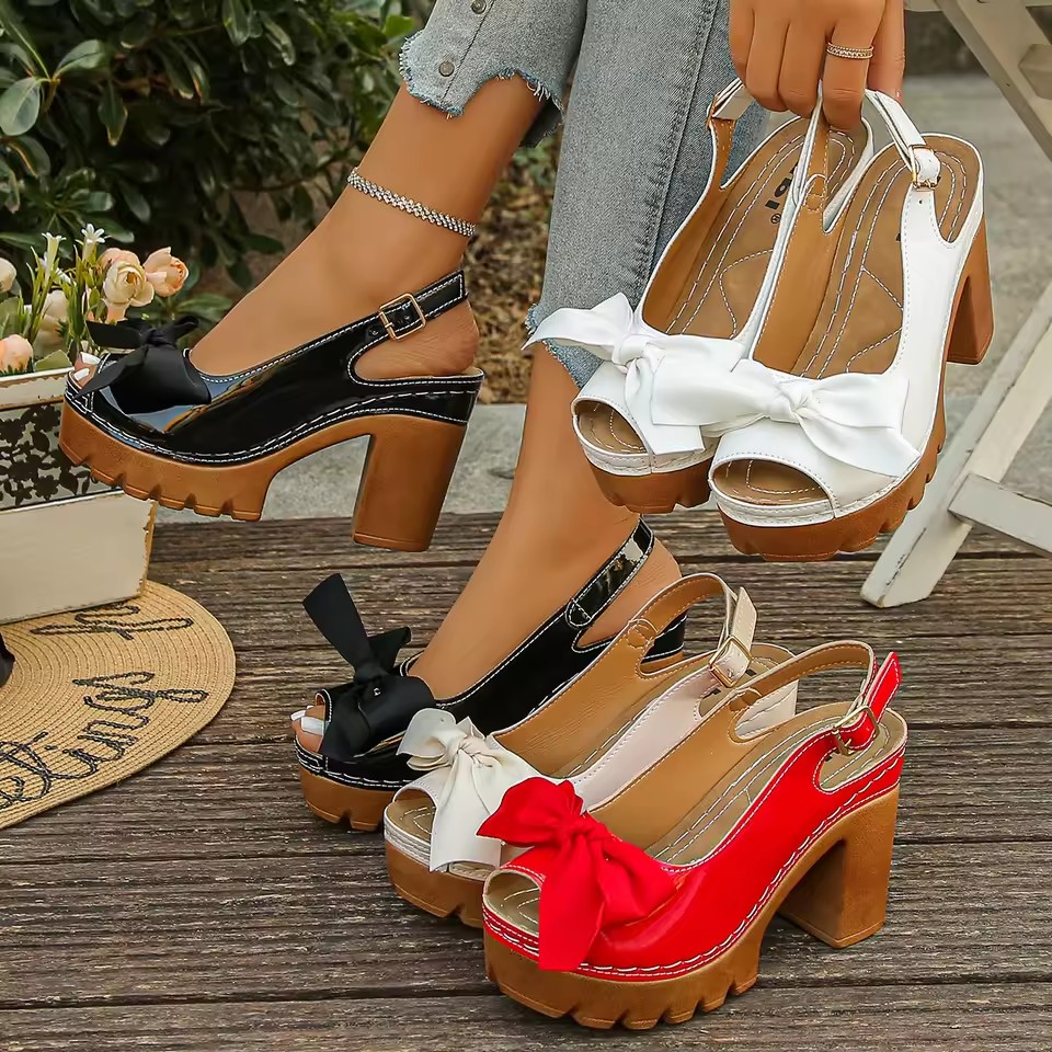 2026 Summer New Style Women's Round Toe Square Heel Casual Sandals Fashion/sexy Bow Decorated Solid Color High Heel Sandals