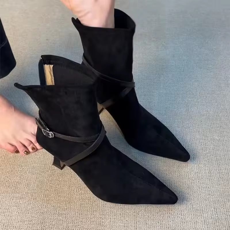 High Heel Back Zipper Women's Scrub Belt Buckle Pointed Toe Temperament Booties Vintage Slim Follower Single Boots