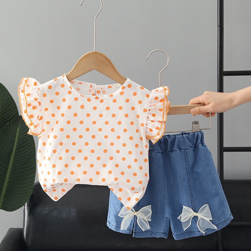 Toddler Kids Baby Girls Long Sleeve Ruffle Dots Tops+Pearl Button Celebrities Skirt Set Outfits Clothes 2PCS