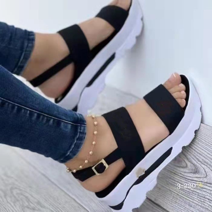 Women's Platform Open Toe Sandals Solid ColorAnkle Buckle Strap Non Slip Shoes Casual OutdoorSandals