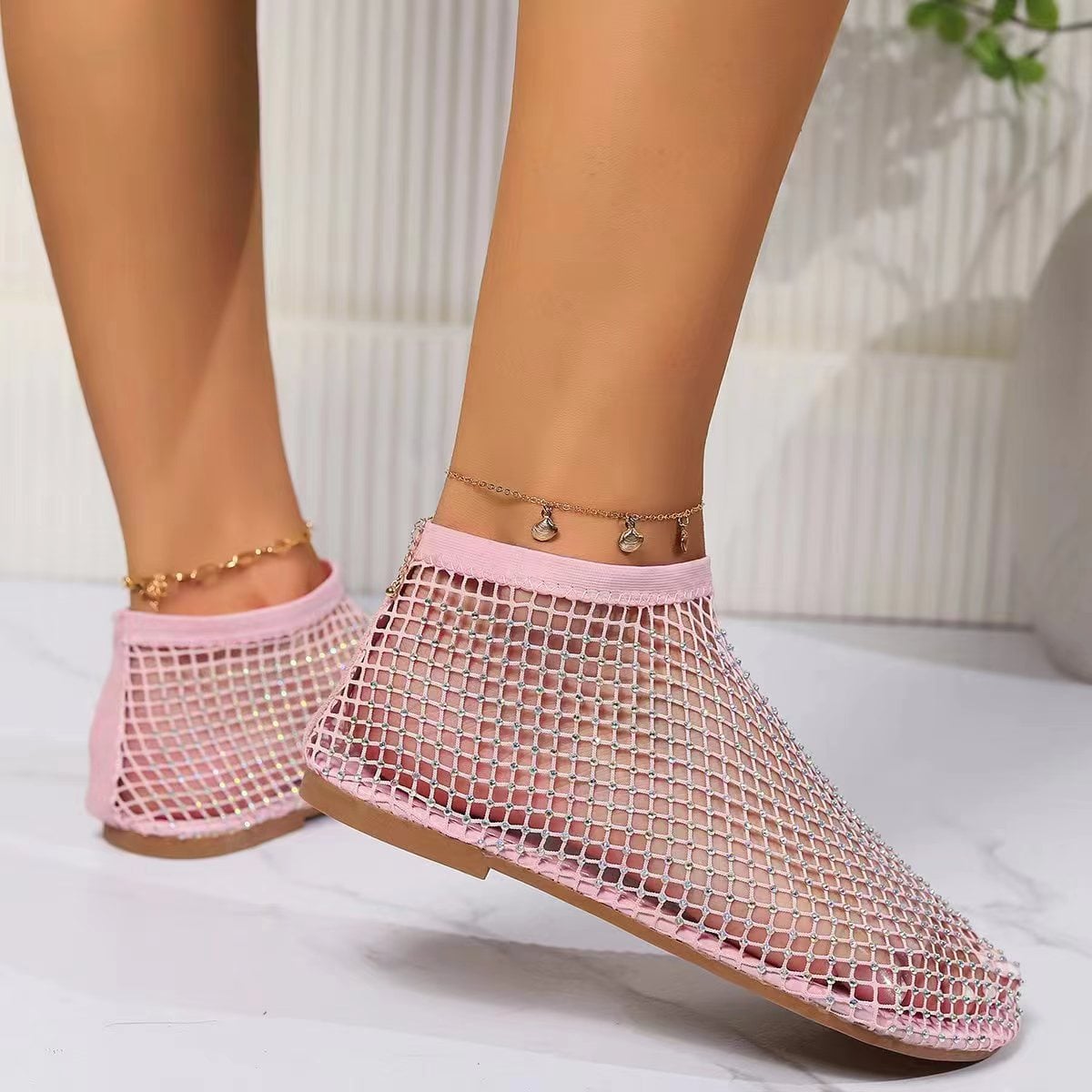 Women Summer New Round Head Slippers Water Diamond Flat Home anti-skid Sandals Slippers