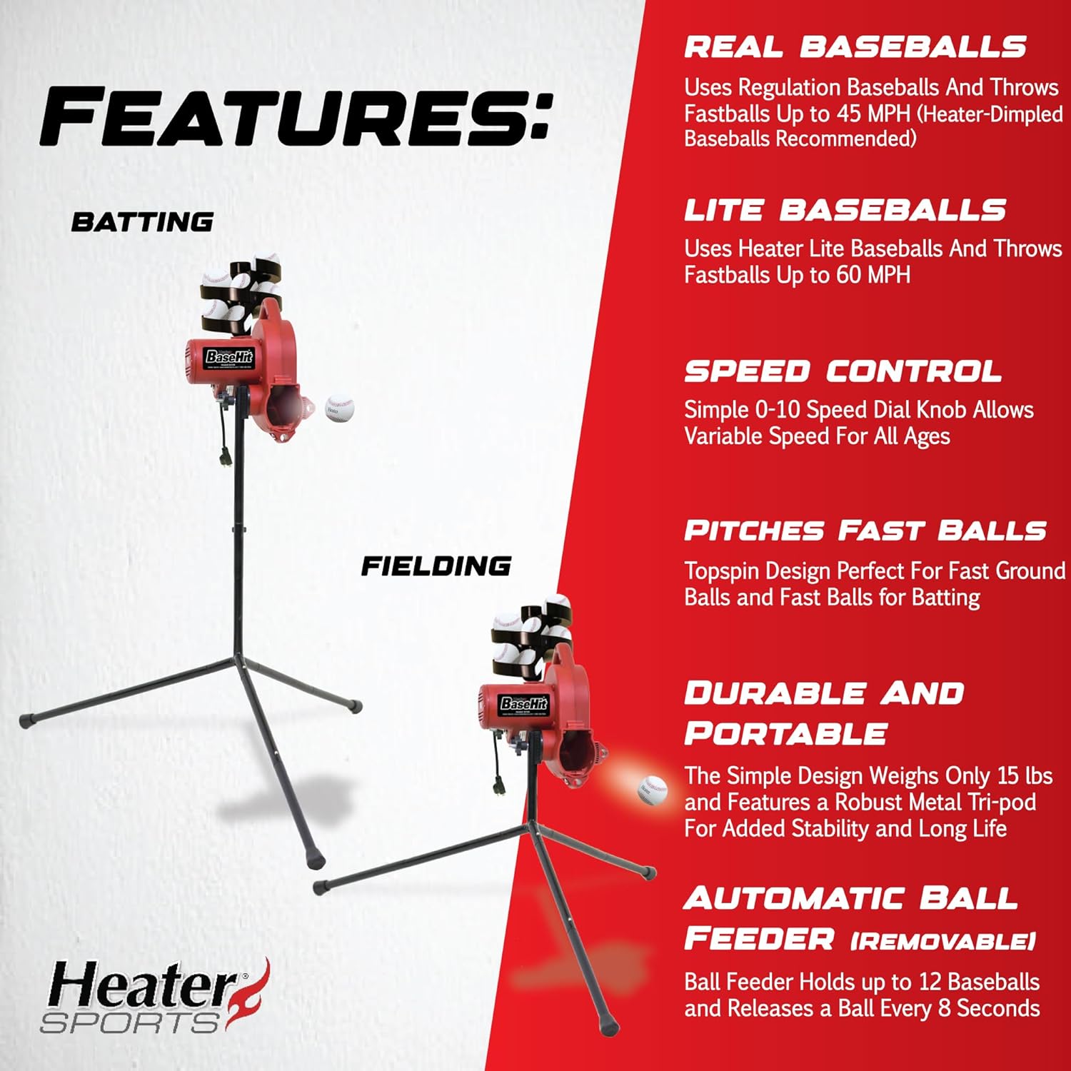 Heater Sports Base Hit Adjustable Real Baseball Pitching Machine – 45 MPH Pitching Speed, Includes Automatic Ball Feeder | Perfect for Hitting and Fie
