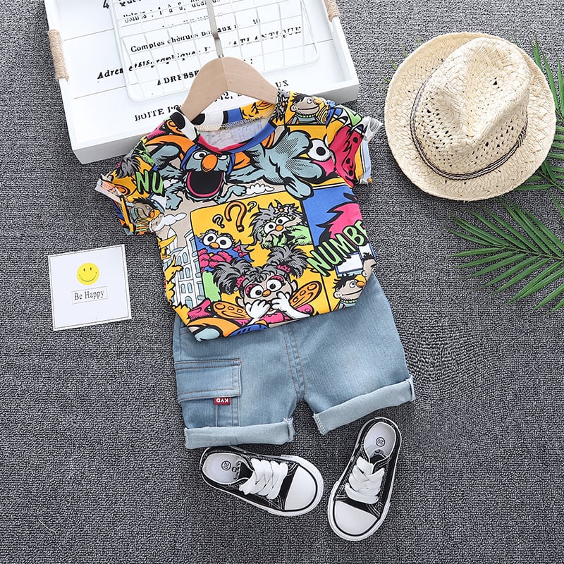 Cool Kid Boys Summer Clothes Outfit With Sunhat Fashion Graffiti Short-sleeved T-shirt Denim Shorts Set Children Pants Clothing