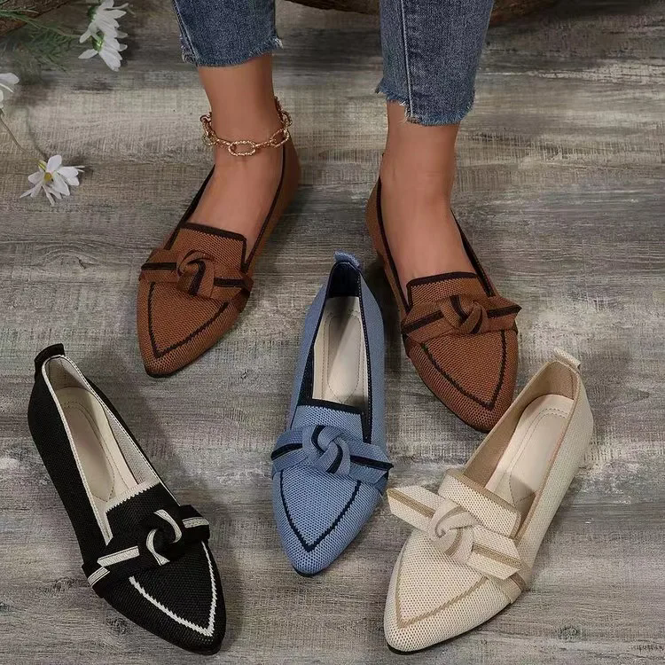 2025Skinny pointed oversized flat sole shoes for women in 2025 fashion one foot butterfly bow casual breathable color blocked