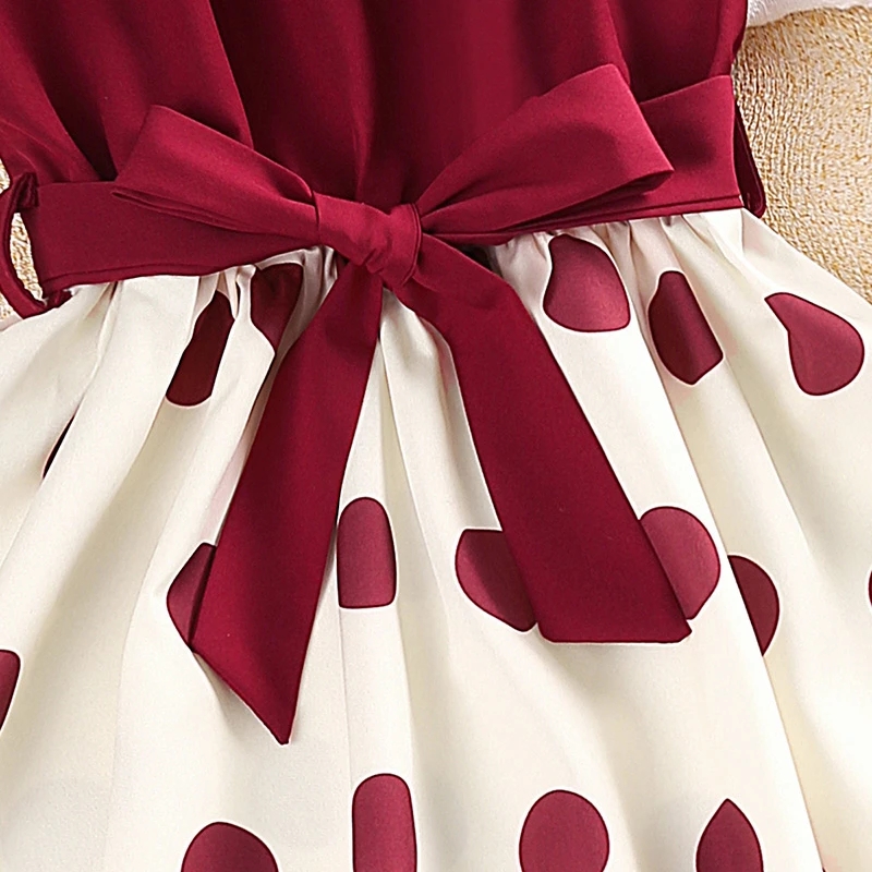 Summer Girl's Dress Suspender Off-the-shoulder Lace One-line Neck Splicing Polka-dot Belt A-line Knee-length Skirt Polyester