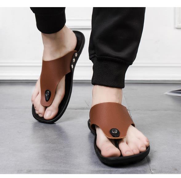 Men's Fashion Men Casual PU Leather Black White Brown Non-slip Flats Beach Sandals Shoe Slippers Flip Flop Sandal Shoes
