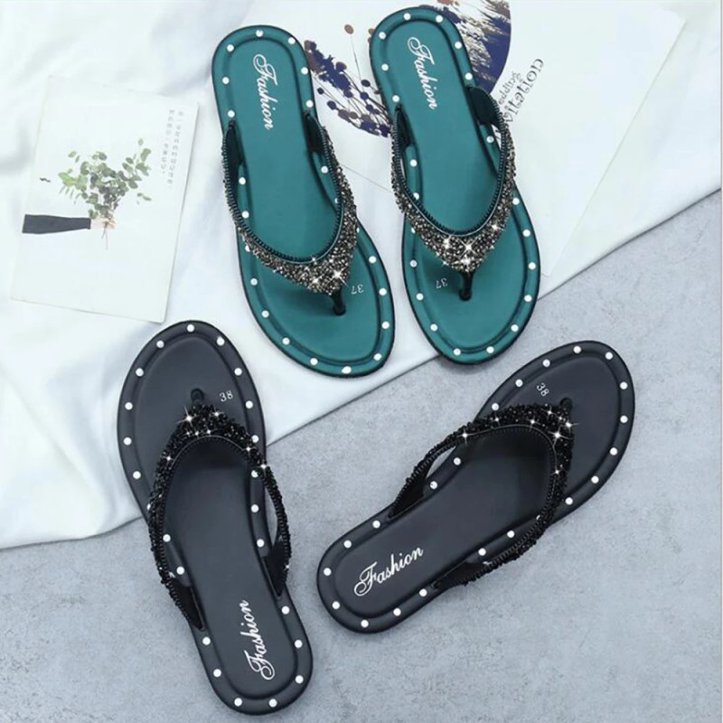 Summer new slippers women summer fashion sequins flip flops wear all-match flat-soled beach shoes sandals