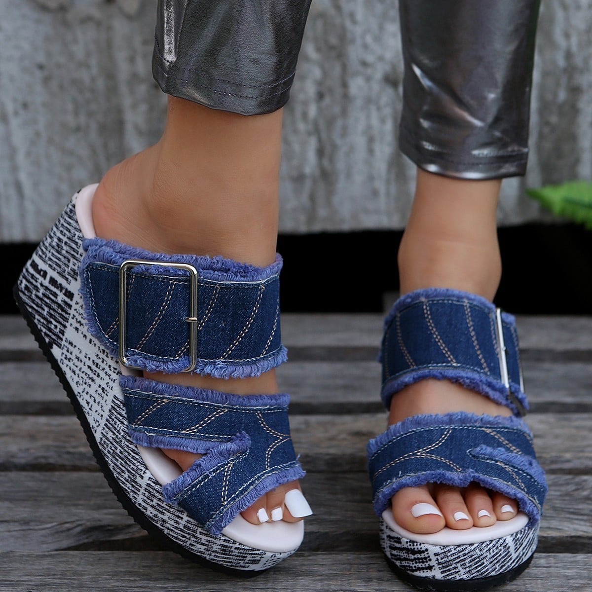 Women's Letter Print Denim Canvas SandalsSlip-on Buckle Wedge Heel Shoes Fashion Summer Women's Shoes