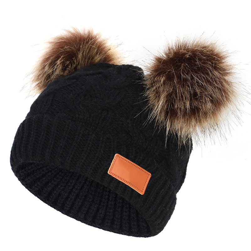 Double hair ball cute 1-4 year old children's knitted hat for autumn and winter new style cotton warm baby hat hood cap