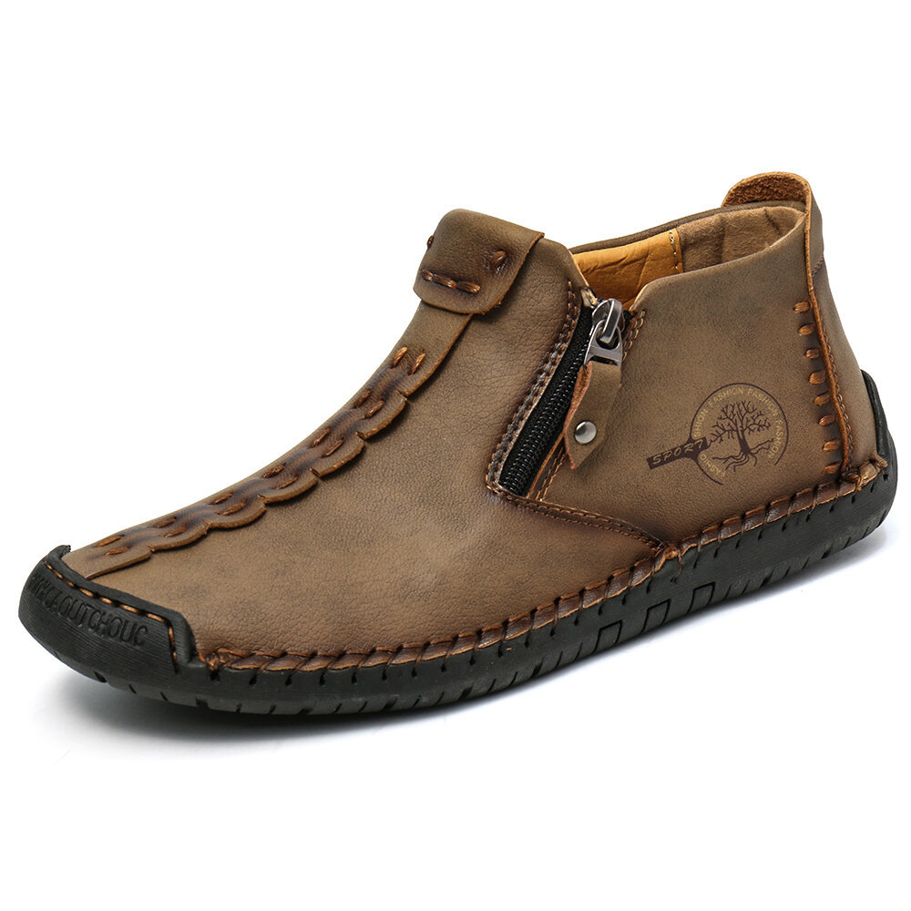 Hand-stitched leather boots men's shoes casual put on patent leather boots zipper retro leather ankle boots