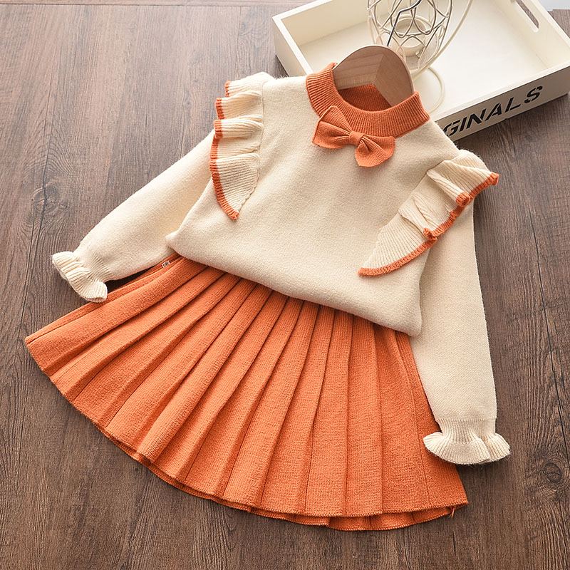 2025 autumn and winter new cute sweet girl bow knitted pullover wool half-length pleated skirt two-piece suit