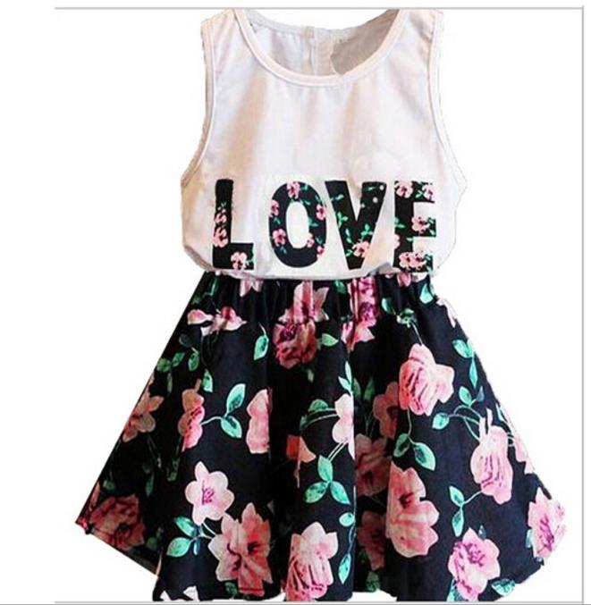 Girls' love letter flower sleeveless vest + floral short skirt 2 pics sets