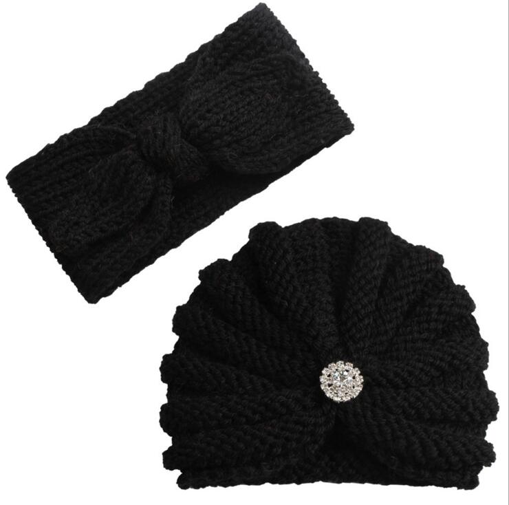 New Wool Hat Hair Decoration Set Winter Thickened Warm Knitted Hat Two Kids Headband Caps Set
