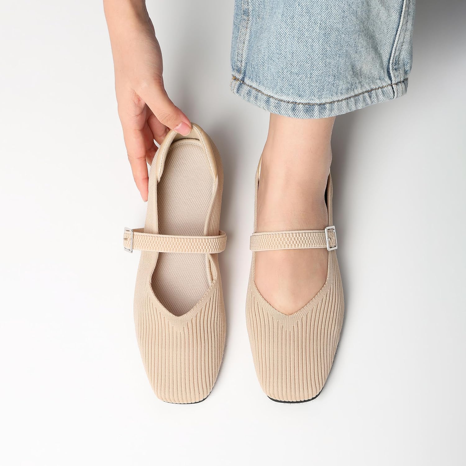 CELNEPHO Flats for Women Mary Jane Shoes Ballet Flats Shoes Square Toe with Ankle Strap Dressy Comfortable Office Shoes