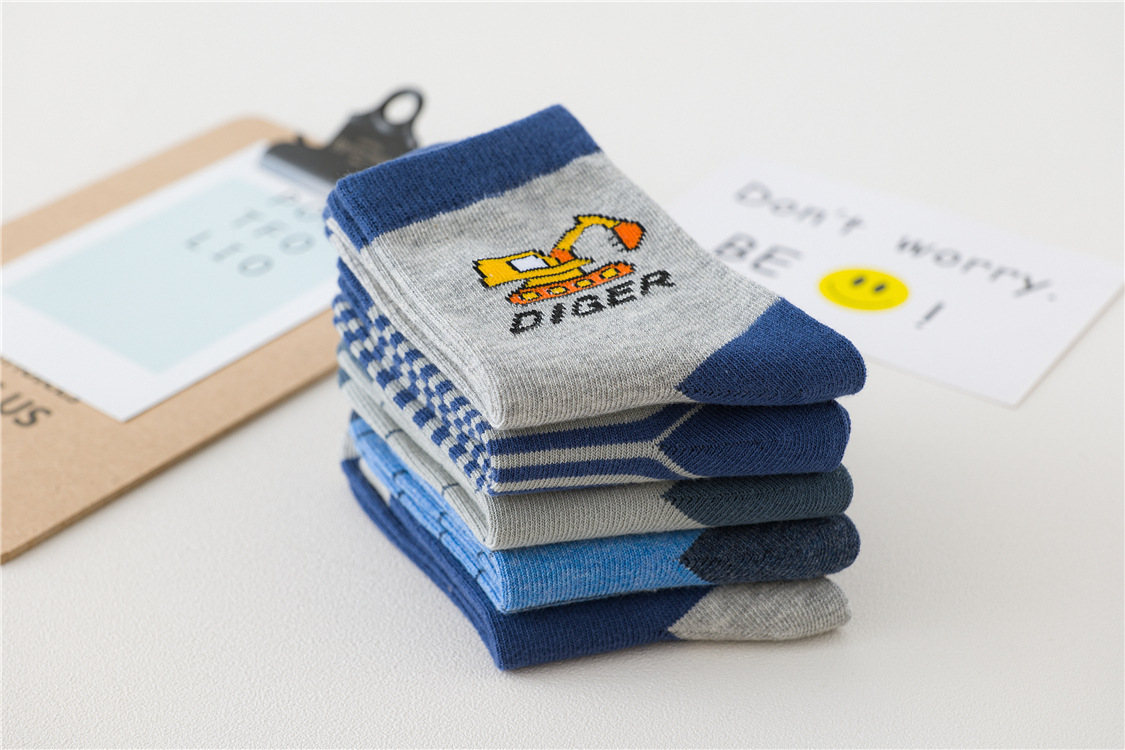5 pairs of children's socks Spring and Autumn pure cotton car cartoon boys' medium tube socks