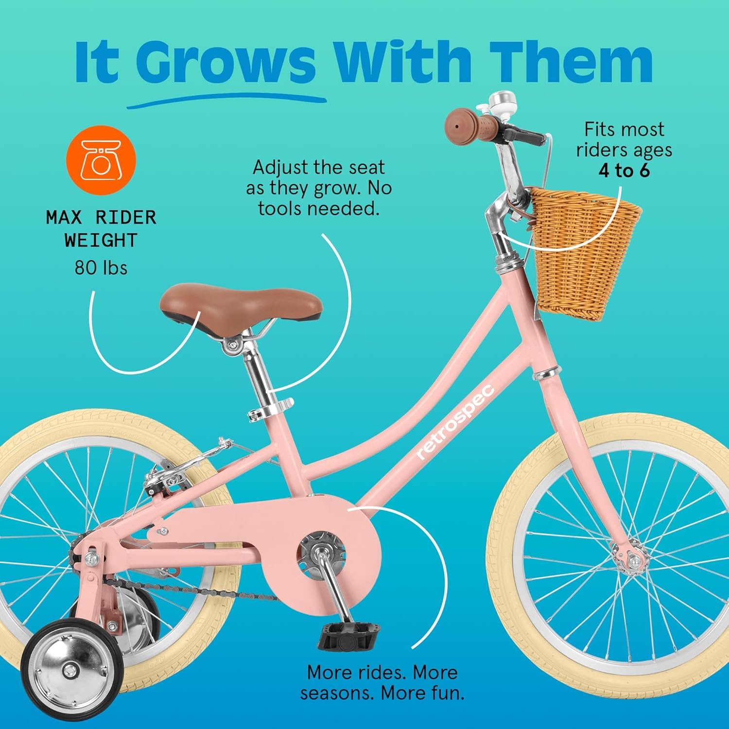 Retrospec Beaumont Mini 16in Kids Bike with Training Wheels & Basket - Beginner Bicycle for 4-6 Year Olds, Low-Profile Frame, V-Brakes & Safety Bell