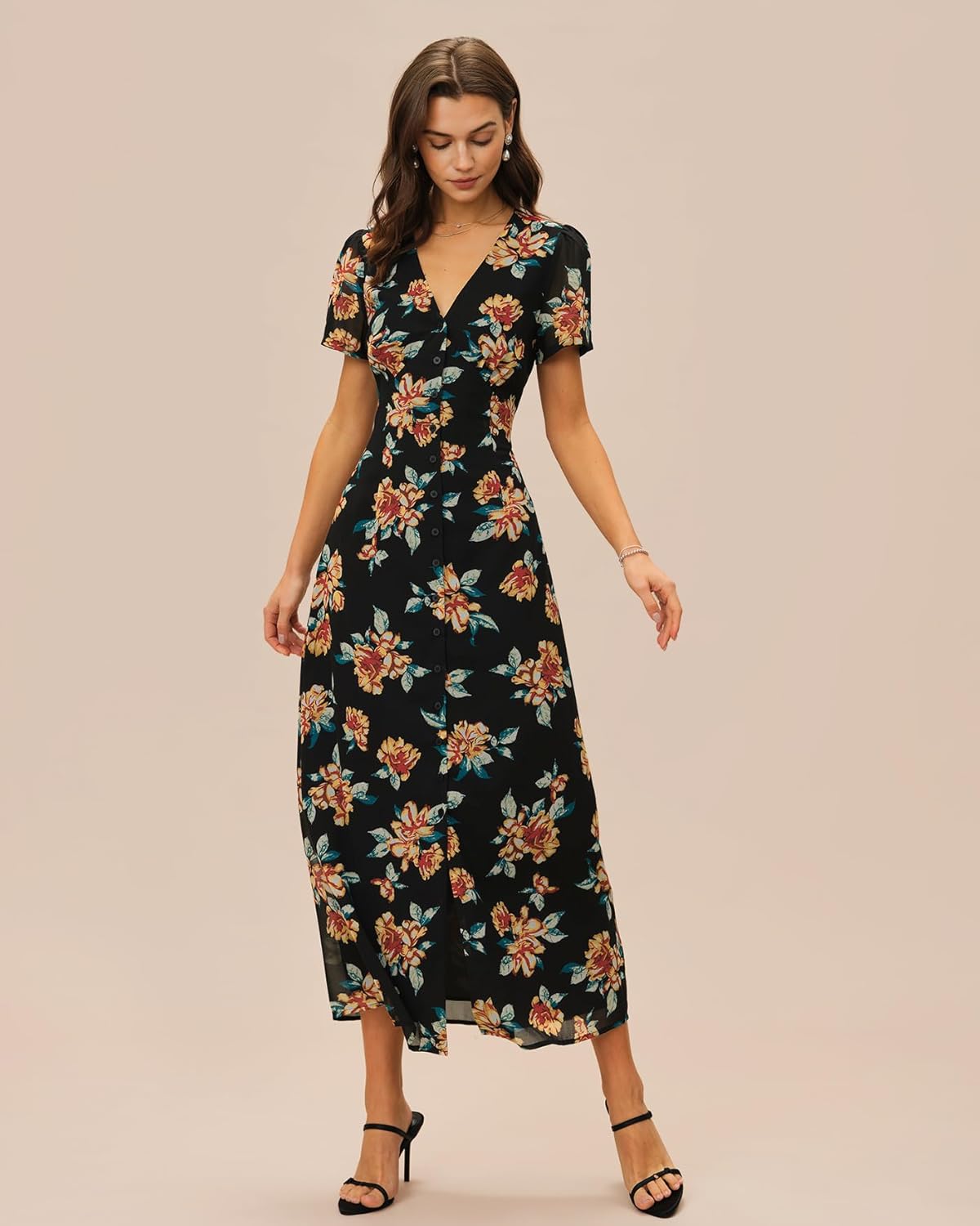 RIHOAS Women's Boho V Neck Floral Maxi Dress - Elegant Flowy Short Sleeve | Summer Beach Wedding Guest Formal Vestido Black