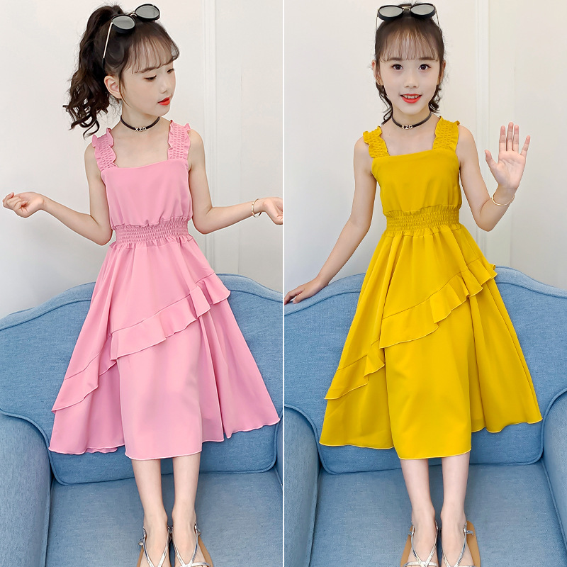 Girls' chiffon dress summer dress new style children's Slip dress princess skirt medium large children's solid long skirt