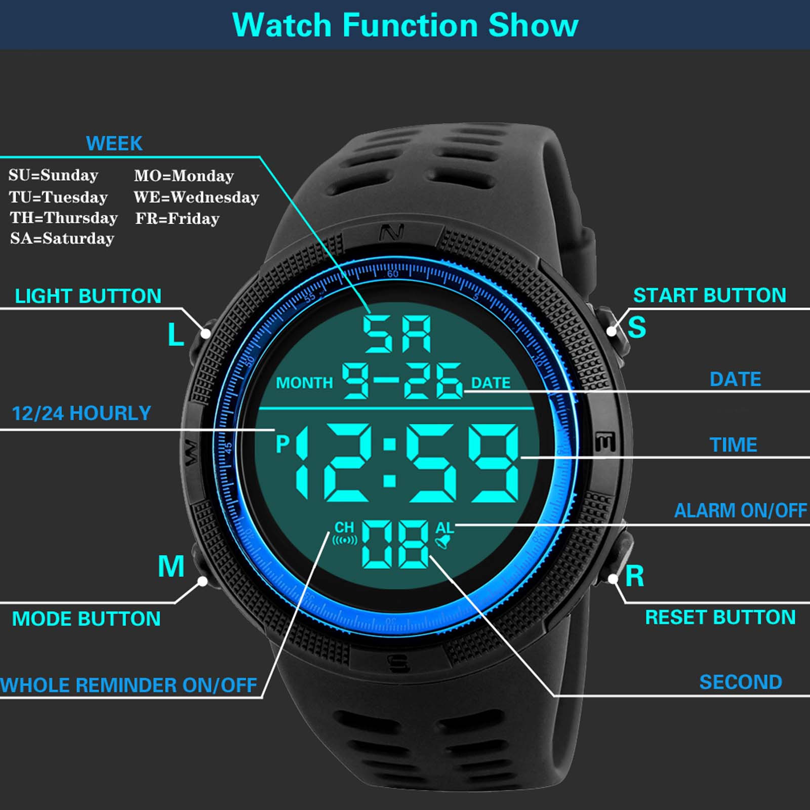Sport Digital Round Watch Luminous LED Dial Casual Multifunction Clock Outdoor Rubber Strap Fashionable Waterproof Watch For Men