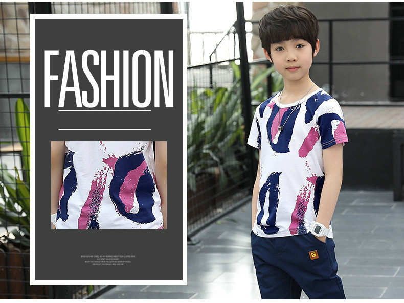 Boys suit summer cotton children's sports short-sleeved shorts two-piece suit big boy summer