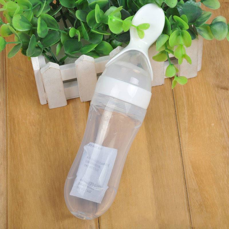90ml Silicone Baby Feeding Bottle With Spoon Food Supplement Rice Cereal Bottle Baby Squeeze Spoon Silica Gel Spoon