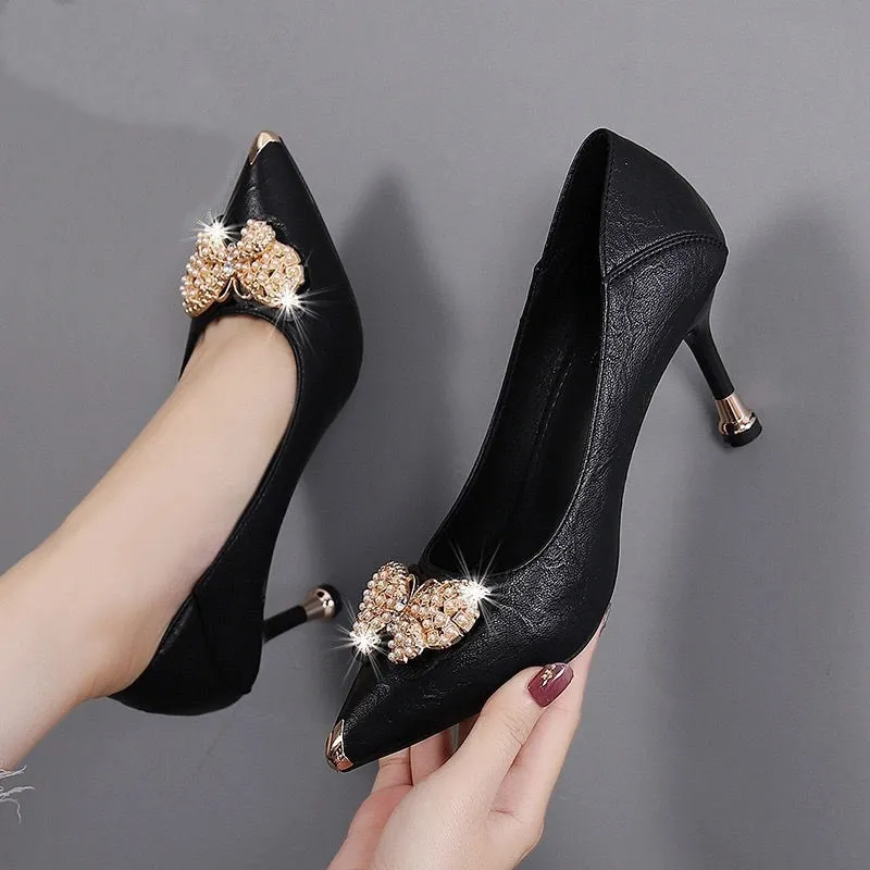 Women Fashion Elegant Black Patent Leather Slip on Stiletto Heels for Office Work Lady Classic Party Pumps