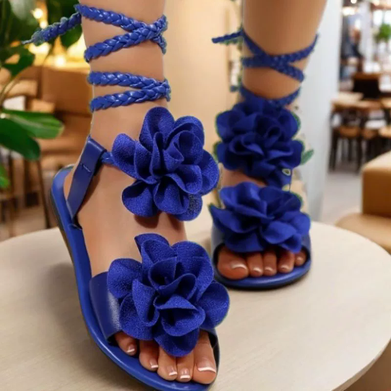 Summer Women Beach Sandals Bohemian Soft Bottom Ankle Lace Up Roman Sandals 3D Flower Fashion Open Toe Non-Slip Flat Shoes