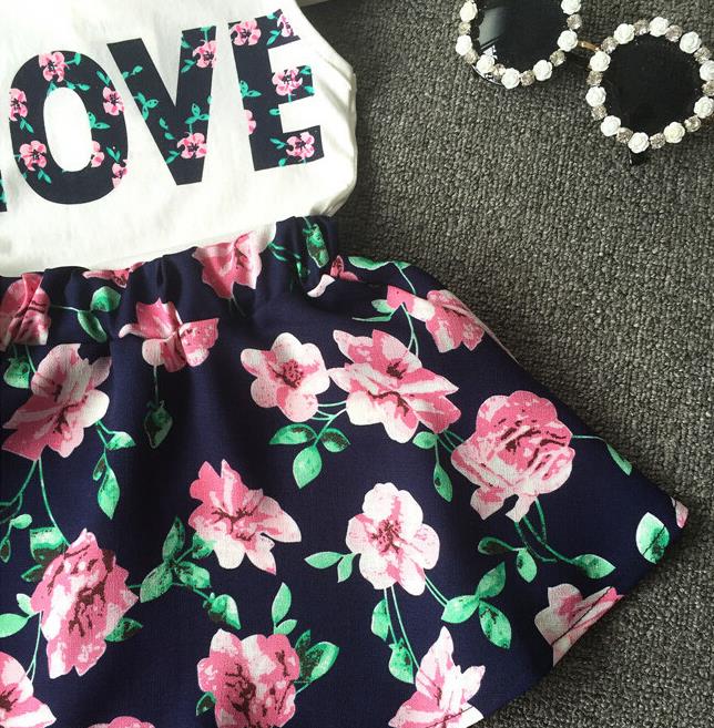 Girls' love letter flower sleeveless vest + floral short skirt 2 pics sets