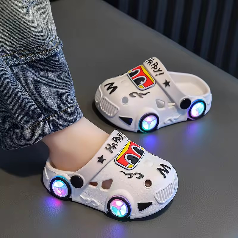 Children's Slippers 2026 Summer New Boys' Car Shaped Wheels Will Light Up Anti Slip Soft Bottom Baby Beach Slippers
